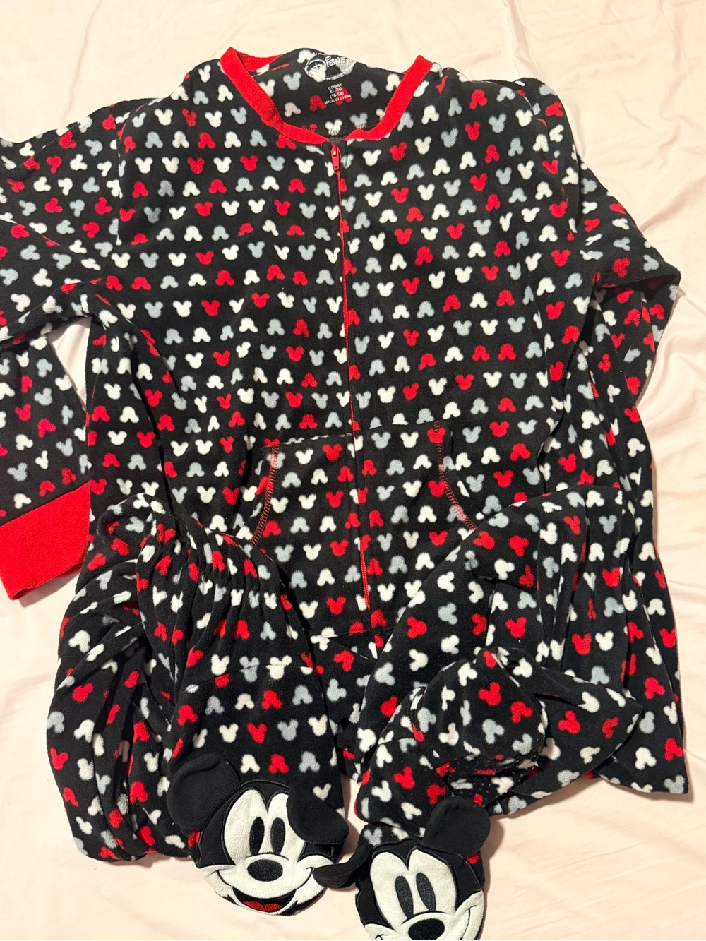 Womens Black Mickey Mouse Fleece Pajama Onesie - Red & White Accent